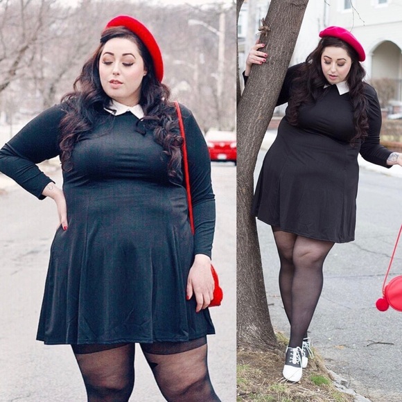 Green Long Sleeve Tunic Dress w White Collar - Picture 2 of 4